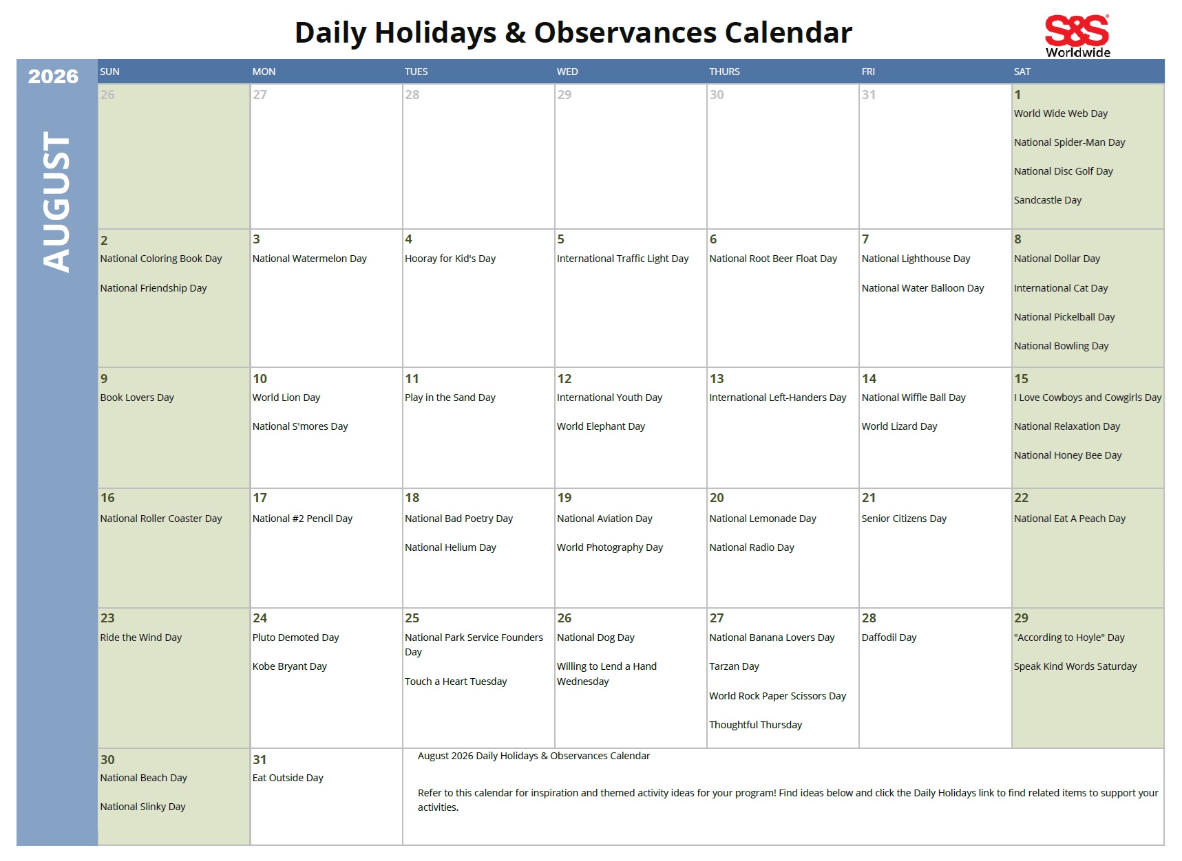 august daily holidays calendar
